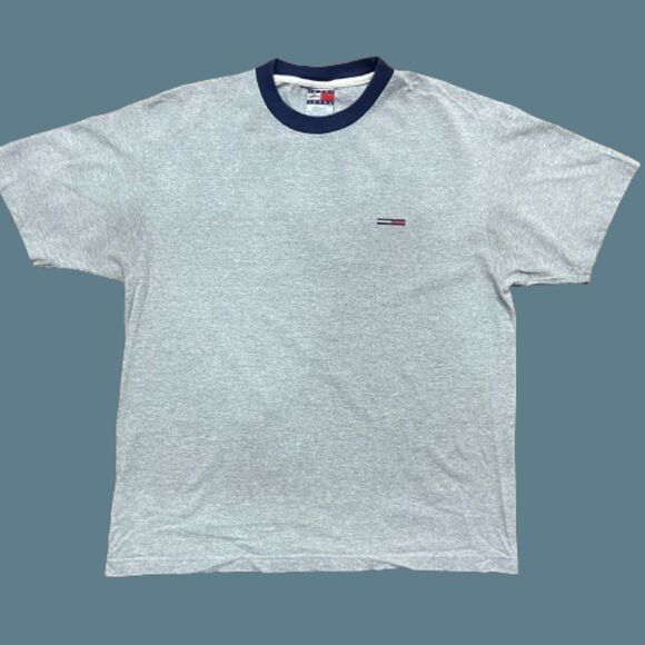 Tommy Hilfiger Y2K Vintage Embroidered Logo Flag Tee Grey Cotton Men's Size XL - Picture 1 of 7